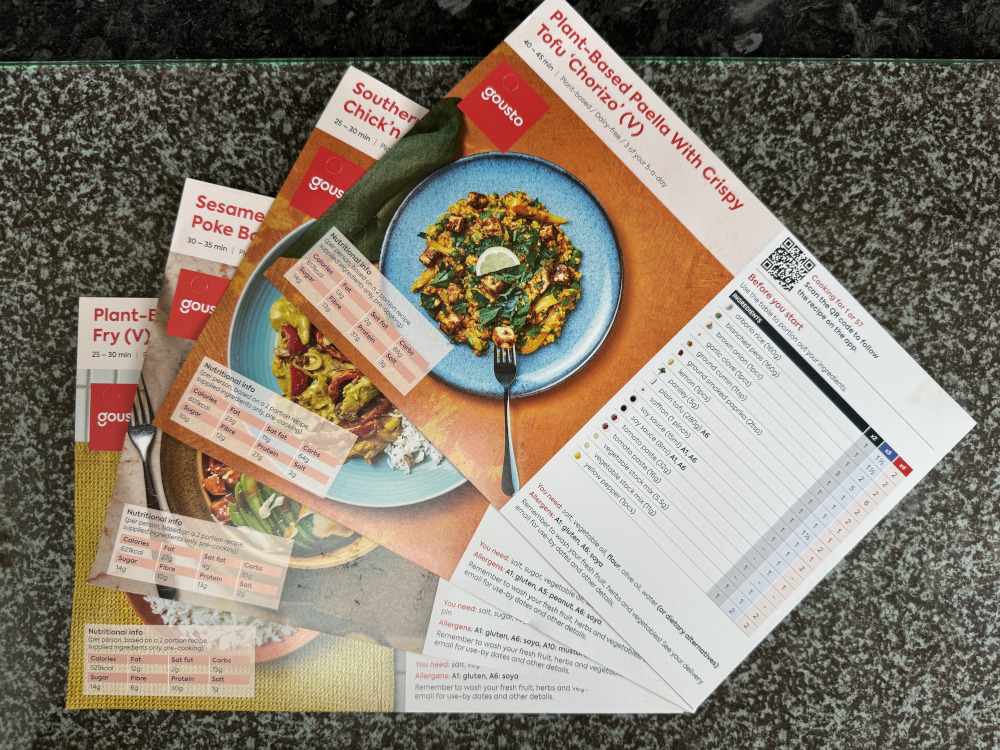 Recipe cards laid out in a fan on the side.